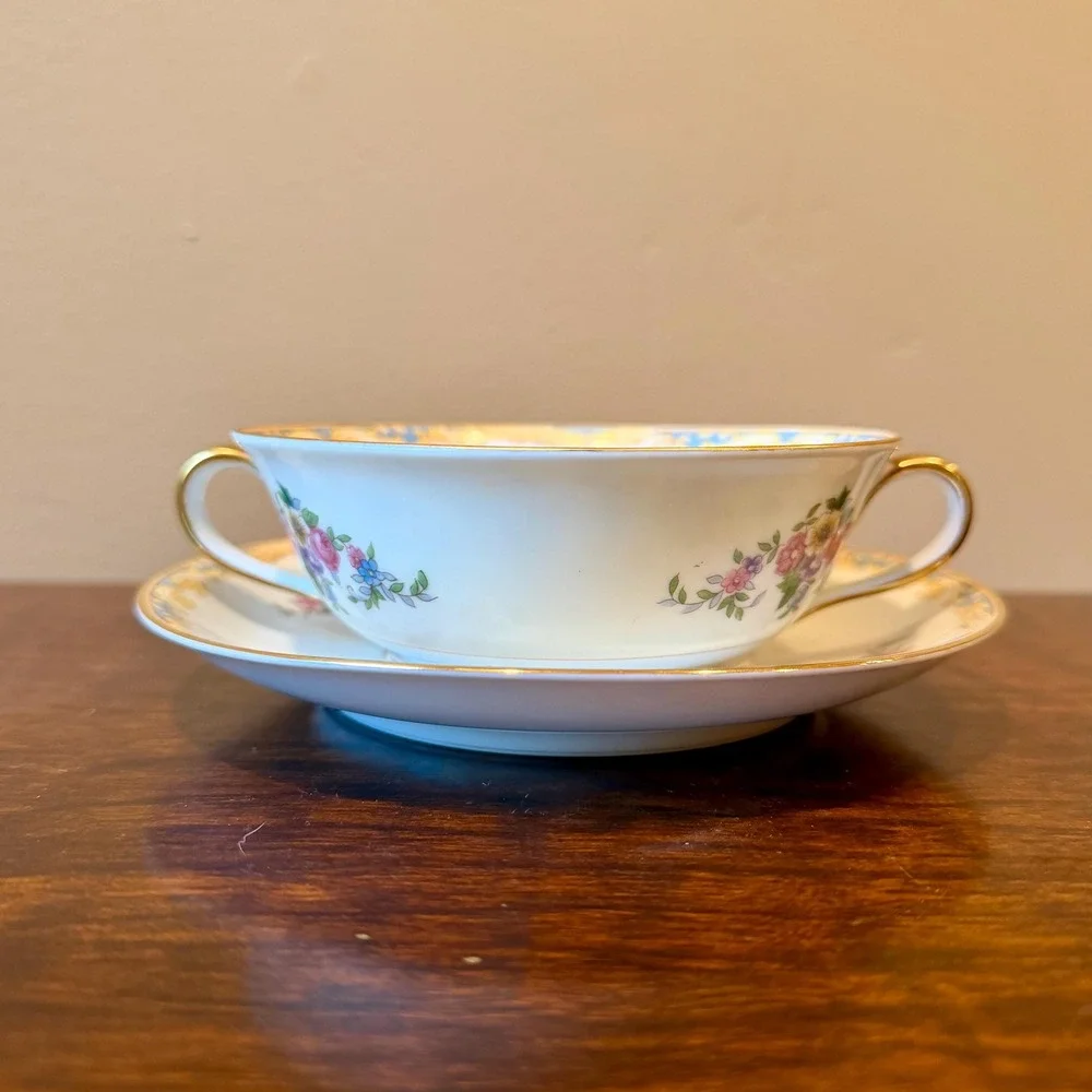 Antique Noritake Cream Soup Bowl and Saucer, Resilio Pattern, 1920s